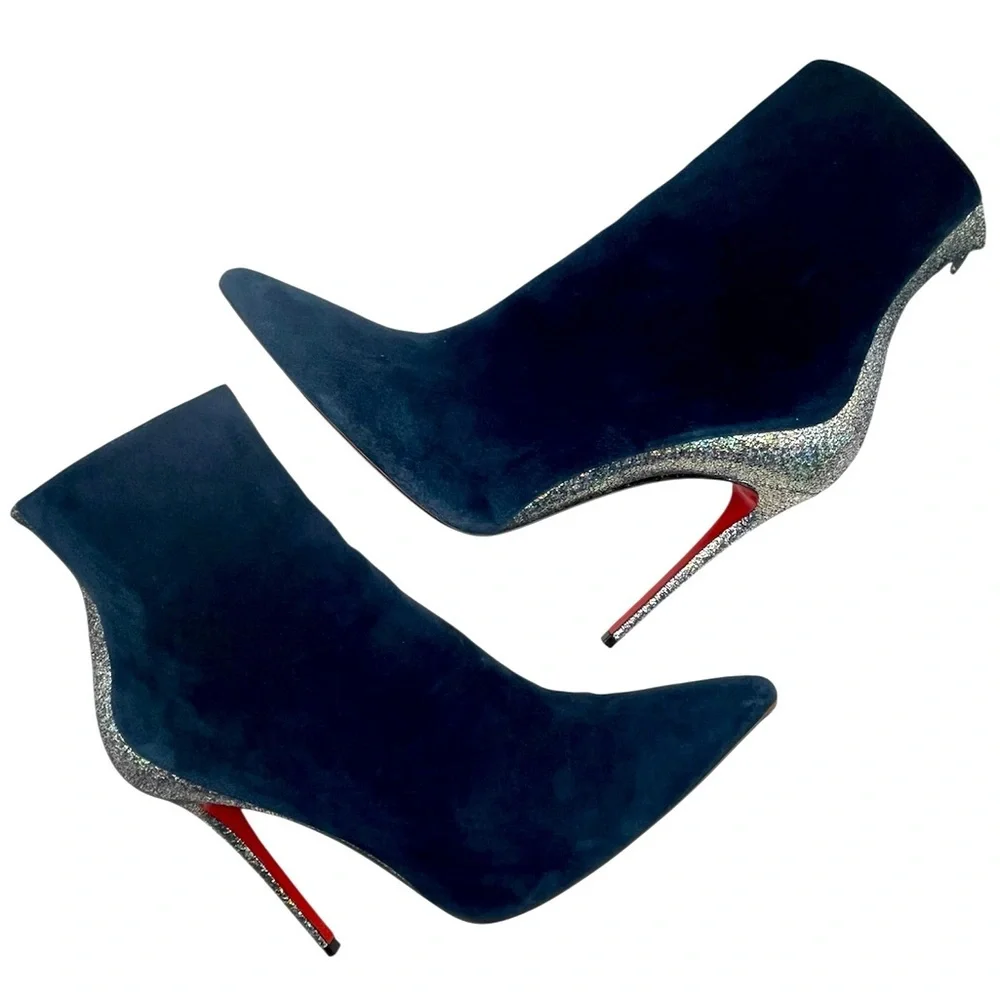 CHRISTIAN LOUBOUTIN Delicotte 100 Ankle Boots Navy Suede/Silver 38.5EU 8.5US